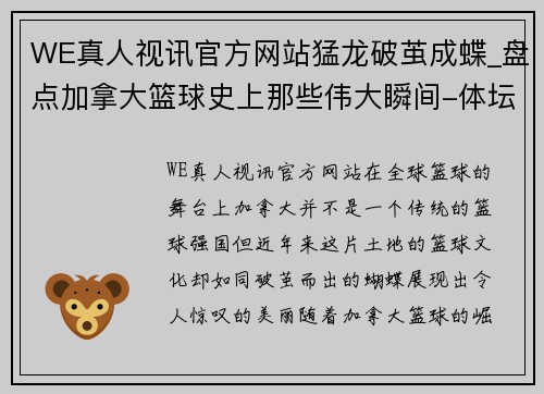 WE真人视讯官方网站猛龙破茧成蝶_盘点加拿大篮球史上那些伟大瞬间-体坛+